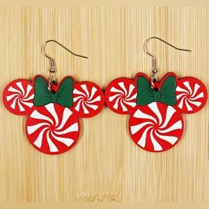 Red and White Peppermint Swirl Minnie Mouse Wooden Earrings